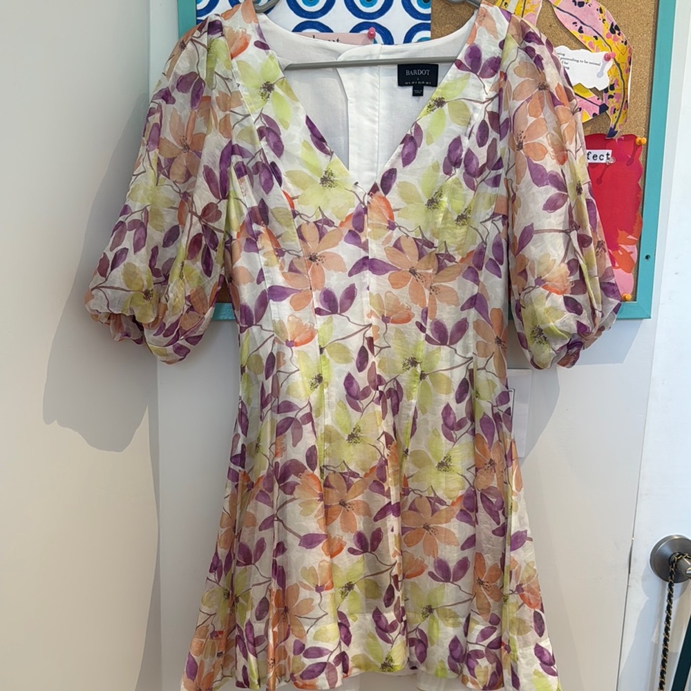 Bardot Floral V-Neck Dress - Purple, Orange, Green